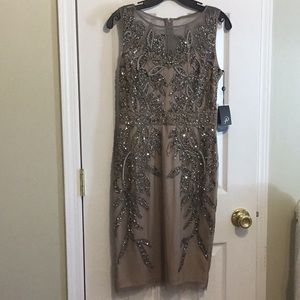 NWT Adrianna Papell Beaded Sheath Dress. Nude and Gunmetal.